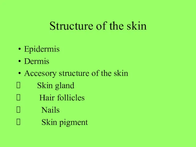 Structure of the skin Epidermis Dermis Accesory structure of the skin Skin gland