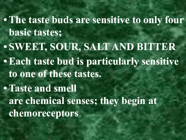 The taste buds are sensitive to only four basic tastes; SWEET, SOUR, SALT