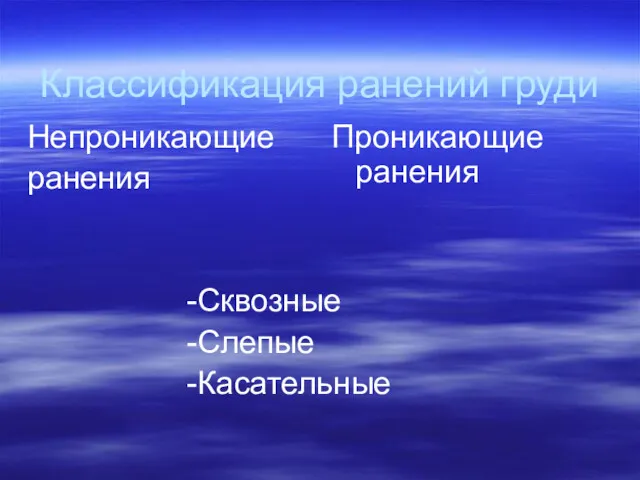 Классификация ранений груди Непроникающие ранения -Сквозные -Слепые -Касательные Проникающие ранения