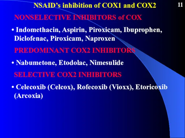NSAID’s inhibition of COX1 and COX2 NONSELECTIVE INHIBITORS of COX Indomethacin, Aspirin, Piroxicam,