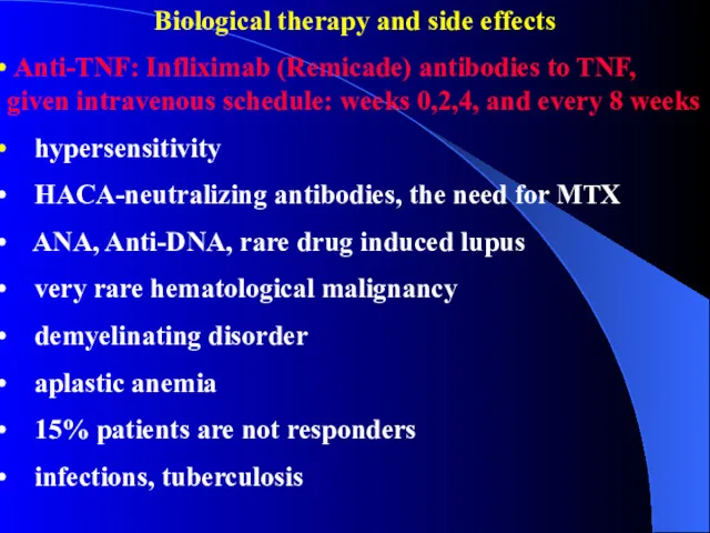 Biological therapy and side effects Anti-TNF: Infliximab (Remicade) antibodies to TNF, given intravenous