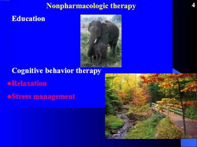 Nonpharmacologic therapy Education Cognitive behavior therapy Relaxation Stress management 4