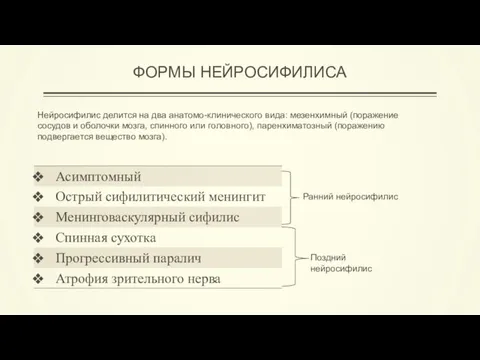 ФОРМЫ НЕЙРОСИФИЛИСА Нейросифилис делится на два анатомо-клинического вида: мезенхимный (поражение