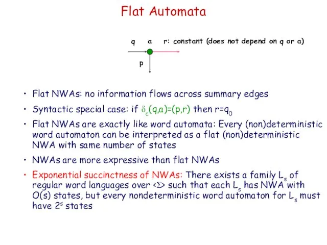 Flat Automata Flat NWAs: no information flows across summary edges Syntactic special case: