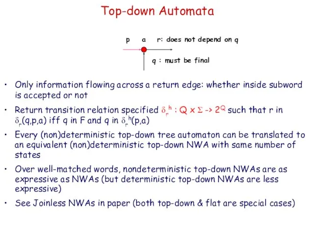 Top-down Automata Only information flowing across a return edge: whether inside subword is