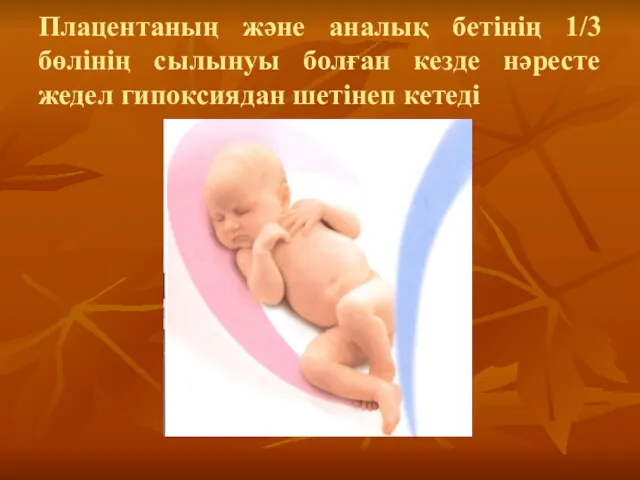 Плацентаның және аналық бетінің 1/3 бөлінің сылынуы болған кезде нәресте жедел гипоксиядан шетінеп кетеді