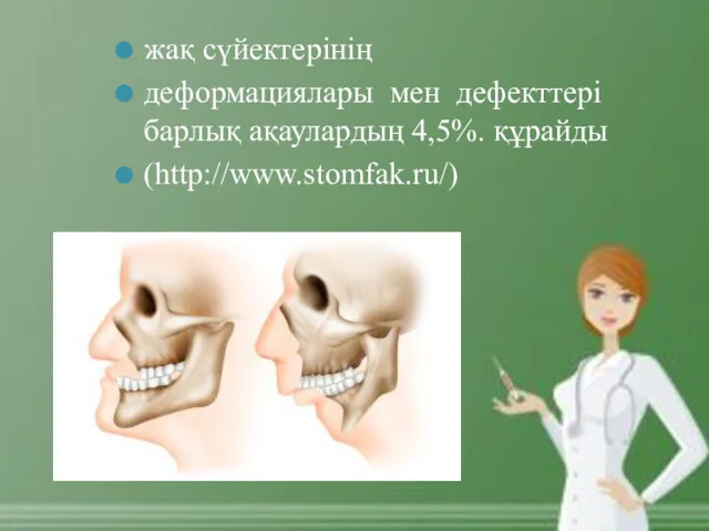 жақ сүйектерінің деформациялары мен дефекттері барлық ақаулардың 4,5%. құрайды (http://www.stomfak.ru/)