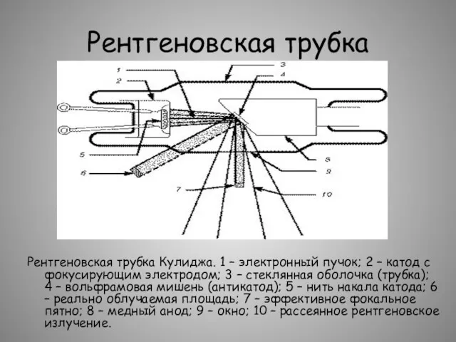 Рентгеновская трубка Рентгеновская трубка Кулиджа. 1 – электронный пучок; 2