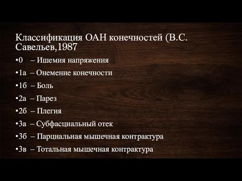 Классификация ОАН конечностей (В.С.Савельев,1987 0 – Ишемия напряжения 1а –