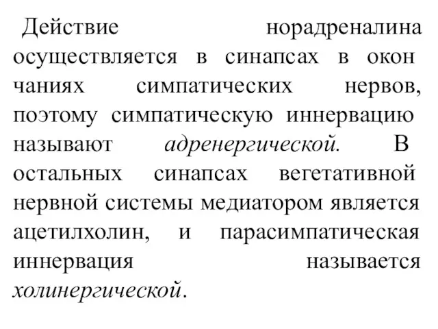 Действие норадреналина осуществляется в синапсах в окон­чаниях симпатических нервов, поэтому