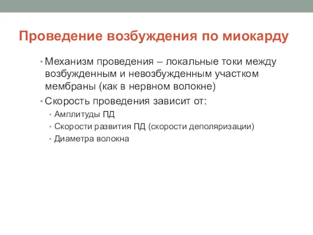 Проведение возбуждения по миокарду Механизм проведения – локальные токи между