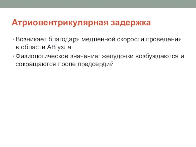 Атриовентрикулярная задержка Возникает благодаря медленной скорости проведения в области АВ