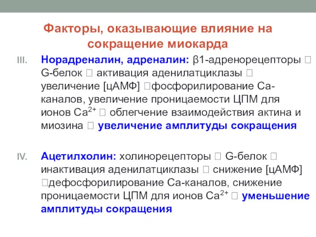 Факторы, оказывающие влияние на сокращение миокарда Норадреналин, адреналин: β1-адренорецепторы ?