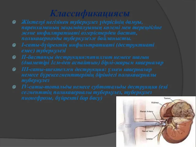 Классификациясы Жіктелуі негізінен туберкулез үдерісінің дамуы,паренхиманың зақымдалуының көлемі мен тереңдігіне және инфилтративті өзгерістерден