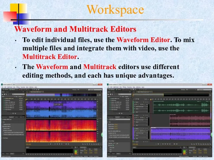 2- Waveform and Multitrack Editors To edit individual files, use