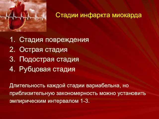 Стадии инфаркта миокарда 1. Стадия повреждения 2. Острая стадия 3. Подострая стадия 4.