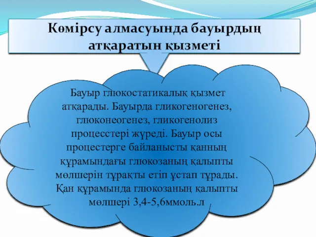 Көмірсу алмасуында бауырдың атқаратын қызметі Бауыр глюкостатикалық қызмет атқарады. Бауырда