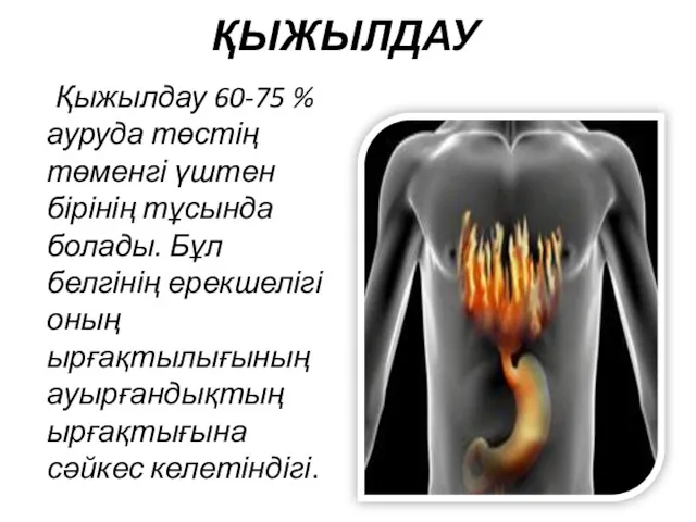 ҚЫЖЫЛДАУ Қыжылдау 60-75 % ауруда төстің төменгі үштен бірінің тұсында