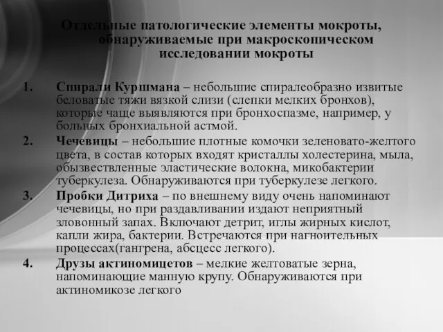 Отдельные патологические элементы мокроты, обнаруживаемые при макроскопическом исследовании мокроты Спирали Куршмана – небольшие