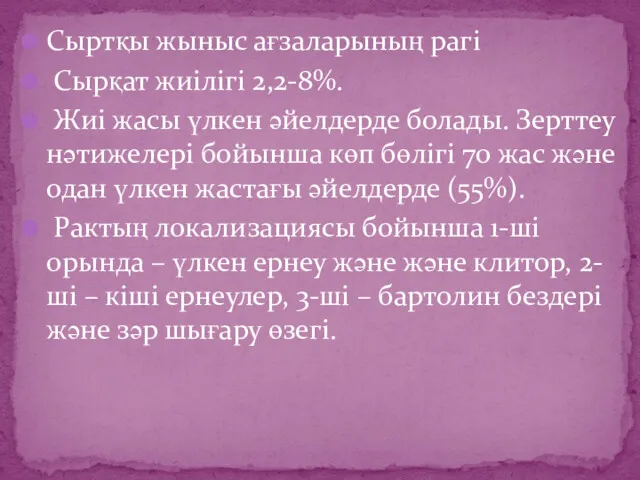 Сыртқы жыныс ағзаларының рагі Сырқат жиілігі 2,2-8%. Жиі жасы үлкен