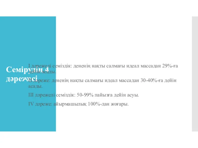 Семiрудiң 4 дәрежесі I дәрежелі семіздік: дененiң нақты салмағы идеал