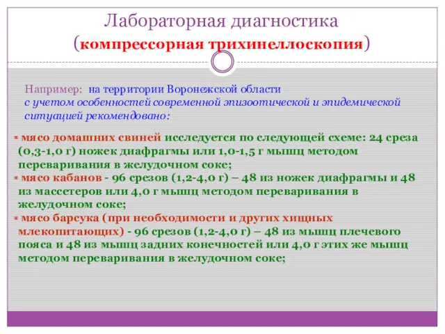 Лабораторная диагностика (компрессорная трихинеллоскопия) Например: на территории Воронежской области с