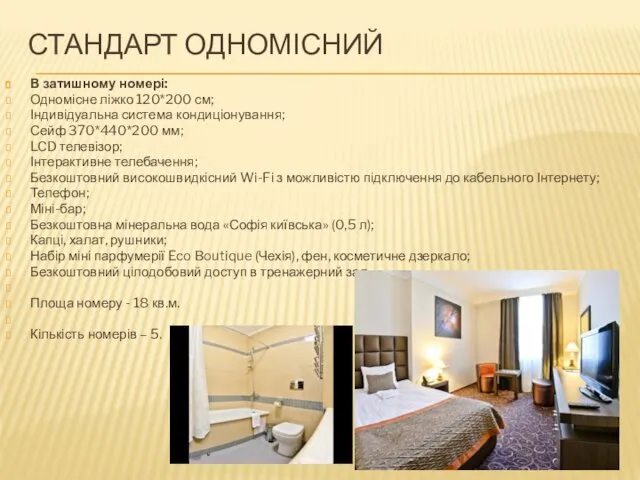 СТАНДАРТ ОДНОМІСНИЙ В затишному номері: Одномісне ліжко 120*200 см; Індивідуальна