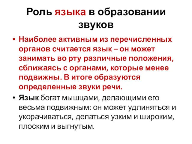 Роль языка в образовании звуков Наиболее активным из перечисленных органов