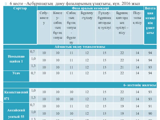 6 кесте –Асбұршақтың даму фазаларының ұзақтығы, күн. 2016 жыл