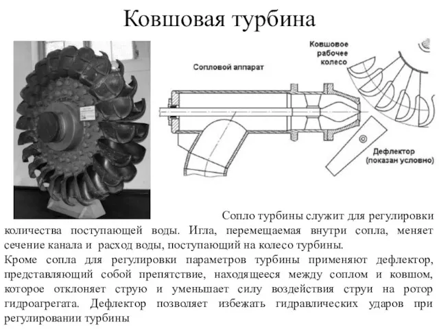 Ковшовая турбина Сопло турбины служит для регулировки количества поступающей воды.