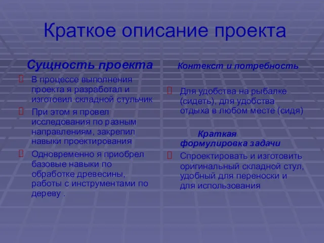 Краткое описание проекта Сущность проекта В процессе выполнения проекта я