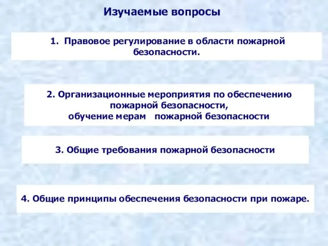 Изучаемые вопросы 1. Правовое регулирование в области пожарной безопасности. 2.