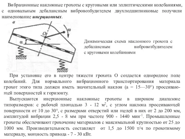 Вибрационные наклонные грохоты с круговыми или эллиптическими колебаниями, с одновальным