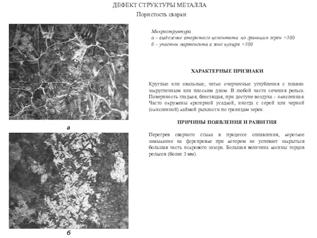 ДЕФЕКТ СТРУКТУРЫ МЕТАЛЛА Пористость сварки а б Микроструктура а –