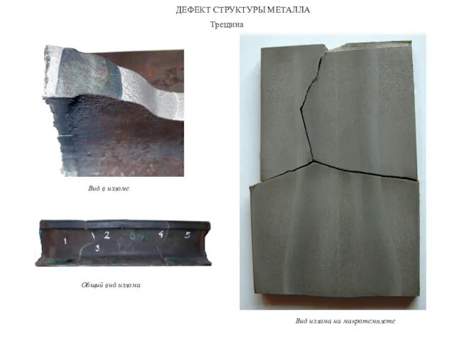 Трещина Вид в изломе Общий вид излома Вид излома на макротемплете ДЕФЕКТ СТРУКТУРЫ МЕТАЛЛА