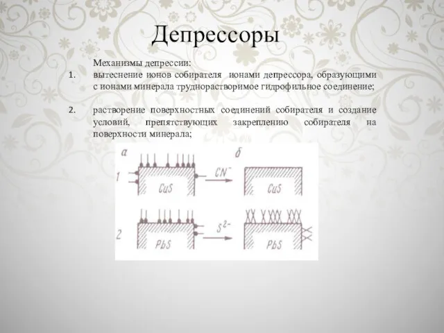 Депрессоры Механизмы депрессии: вытеснение ионов собирателя ионами депрессора, образующими с