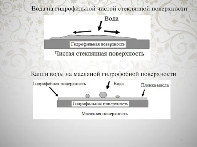 Вода на гидрофильной чистой стеклянной поверхности Капли воды на масляной гидрофобной поверхности.