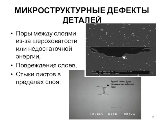 МИКРОСТРУКТУРНЫЕ ДЕФЕКТЫ ДЕТАЛЕЙ Поры между слоями из-за шероховатости или недостаточной