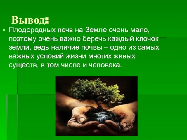 Вывод: Плодородных почв на Земле очень мало, поэтому очень важно