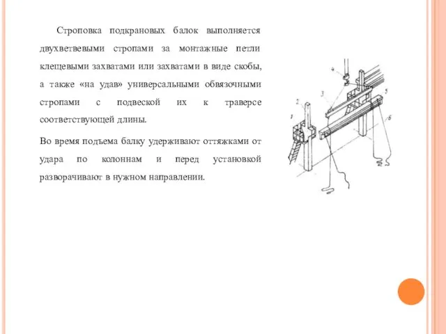 Строповка подкрановых балок выполняется двухветвевыми стропами за монтажные петли клещевыми захватами или захватами