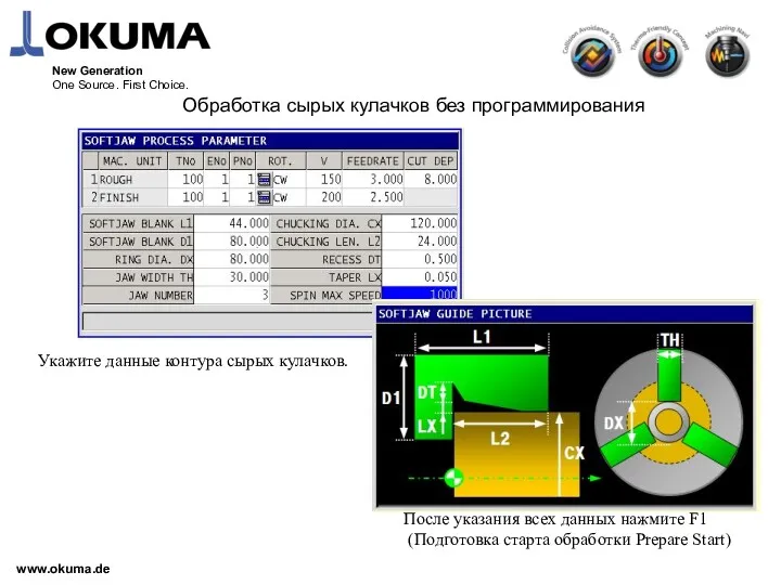 www.okuma.de New Generation One Source. First Choice. Обработка сырых кулачков