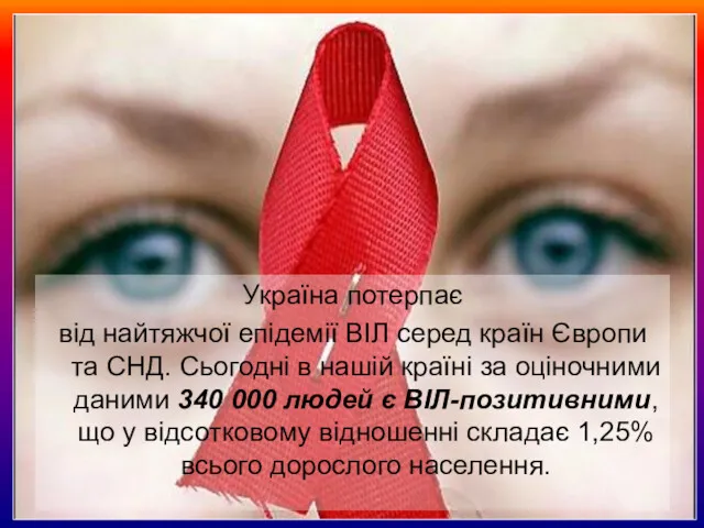 Україна потерпає від найтяжчої епідемії ВІЛ серед країн Європи та СНД. Сьогодні в