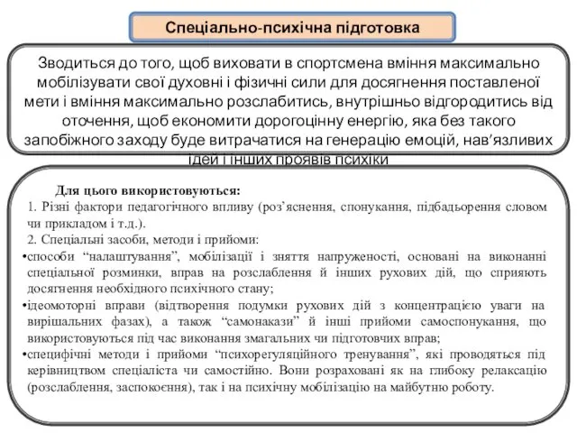 Спеціально-психічна підготовка Зводиться до того, щоб виховати в спортсмена вміння