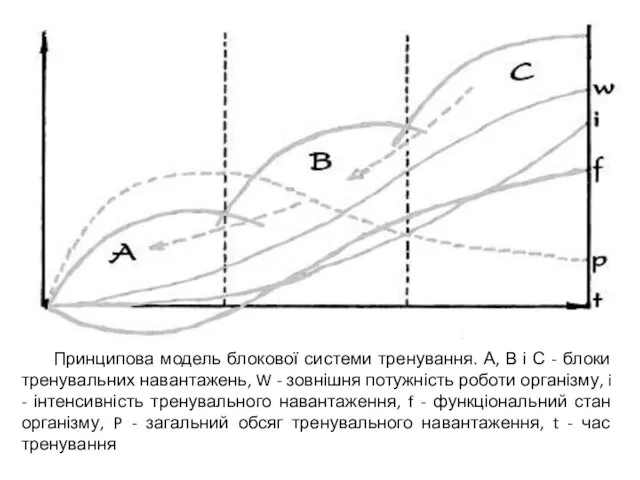 Принципова модель блокової системи тренування. А, В і С -