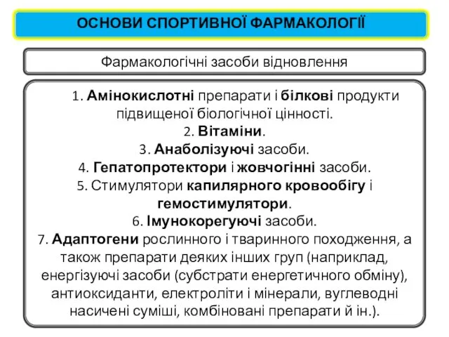 ОСНОВИ СПОРТИВНОЇ ФАРМАКОЛОГІЇ Фармакологічні засоби відновлення 1. Амінокислотні препарати і