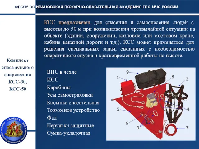 Комплект спасательного снаряжения КСС-30, КСС-50 ИВАНОВСКАЯ ПОЖАРНО-СПАСАТЕЛЬНАЯ АКАДЕМИЯ ГПС МЧС