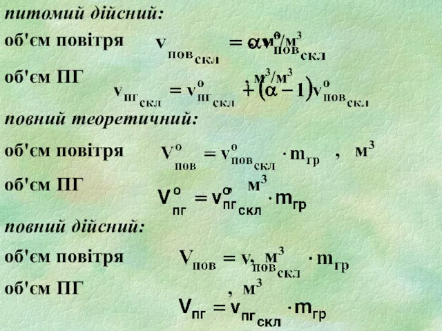 питомий дійсний: об'єм повітря , м3/м3 об'єм ПГ , м3/м3