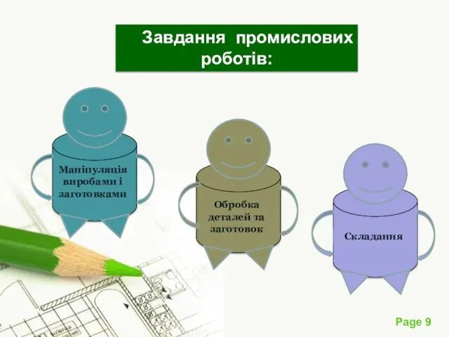 Завдання промислових роботів: Маніпуляція виробами і заготовками Обробка деталей та заготовок Cкладання