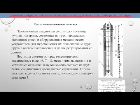 Трехколенная выдвижная лестница Трехколенная выдвижная лестница - лестница ручная пожарная,