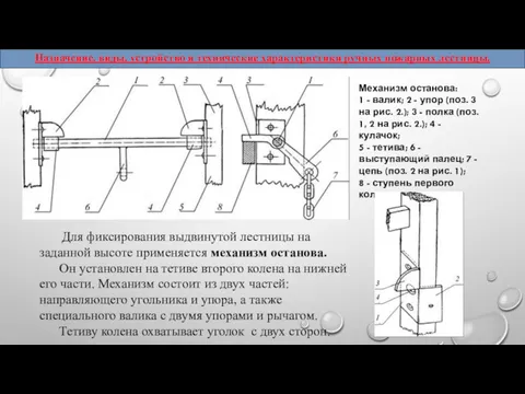 Для фиксирования выдвинутой лестницы на заданной высоте применяется механизм останова.